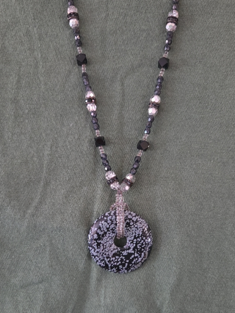 Handcrafted Snow Obsidian Glass and Beaded Pendant Necklace